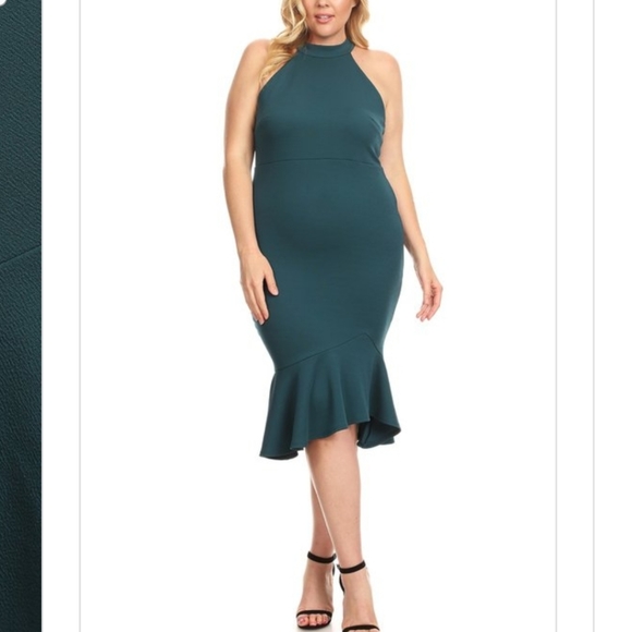 Plus Size Dark Teal High Neck Asymmetrical Dress - Picture 4 of 7